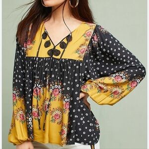 Farm Rio Intarsia Long Sleeve Peasant Top Size XS Black/Yellow Floral Boho